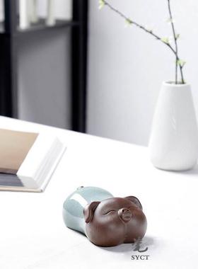 极速l精宠品哥窑具吉祥三宝生肖猪茶茶办公室桌P面摆件 精品紫砂