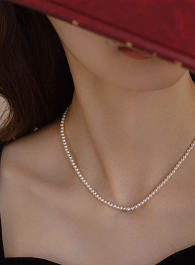 施家珍珠纯银925项链女轻奢高级感强光正圆锁骨链ins风小米珠吊坠