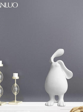 现代简约树脂白色戴耳机的兔子摆件样板间客厅玄关装饰品长耳兔子