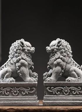 创意福瑞石狮子一对青砂石摆件茶宠盆景鱼缸造景桌面门厅阳台装饰