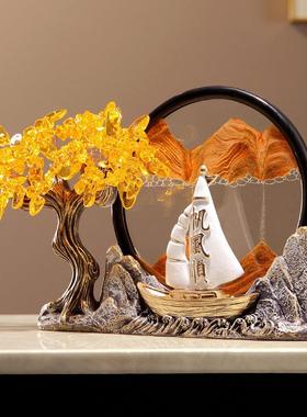 新中式一帆风顺发财树流沙画摆件办公室书房玄关客厅电视柜装饰品