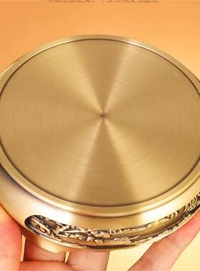 极速黄铜山水底座浮雕香炉圆形底座家用客M厅摆件仿古国潮铜底托