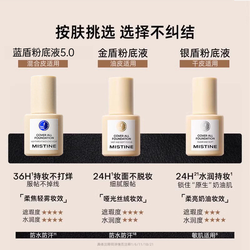 Mistine蜜丝婷小蓝盾粉底液遮瑕不脱妆持久干混油皮女蜜思婷旗舰