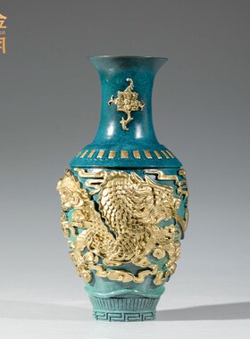 热销《祥b龙戏珠花瓶》新中式黄铜花瓶摆件家居客厅玄关桌面装饰