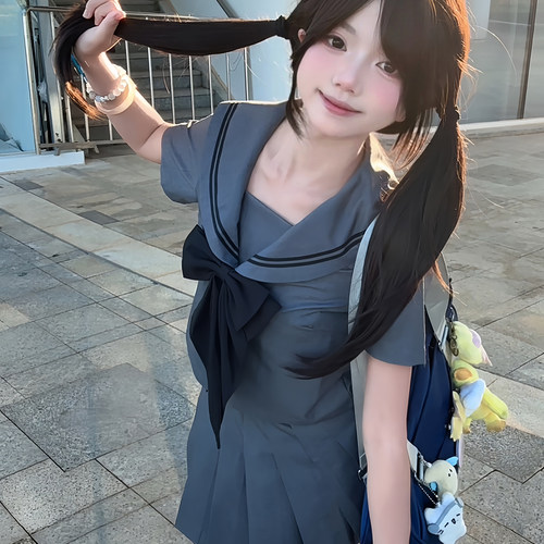 原创正版日系灰二本水手服jk制服短袖灰色套装校供感衬衫学生服女 - 图1