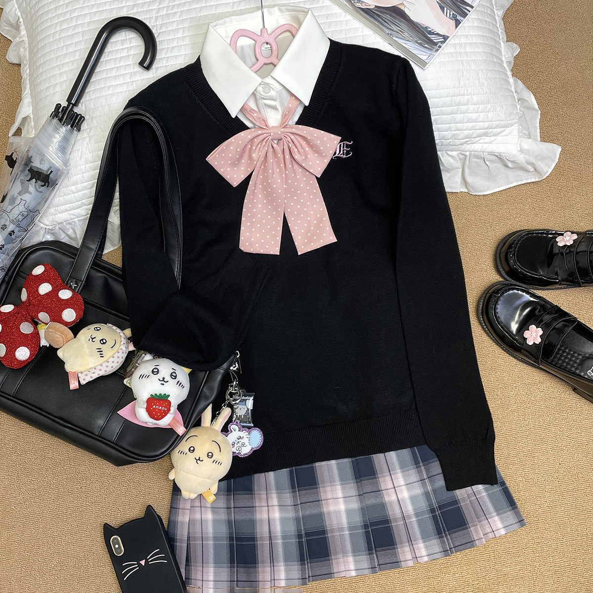 林间萌象正版jk制服学院风长袖套头毛衣女秋冬针织衫叠穿格裙套装 - 图0