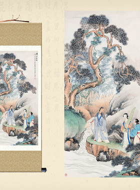 新品东山丝竹图卷轴画历代名画丝绸画客厅书房Q装饰画挂画已装裱