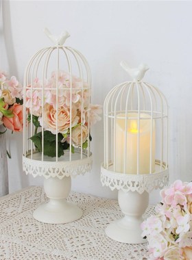 速发白色烛台装饰鸟二铁件烛古复台套笼简约家居饰品装饰摆件多肉