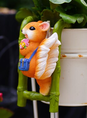 新品可爱松d鼠爬梯子花盆挂件花园盆景鱼缸装饰品悬挂件幼儿园阳