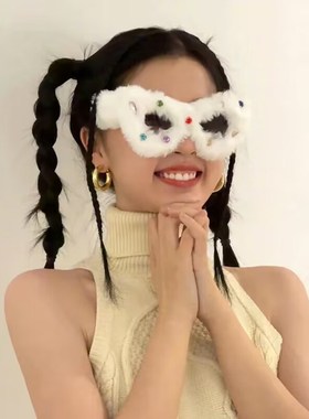 速发虞书欣毛毛生日搞墨毛绒三角白色猫耳怪镜带钻款