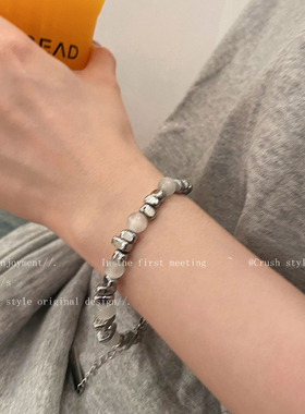 速发猫眼石螺纹钛钢手链夏小众设计冷淡风嘻哈手串不掉色手饰潮