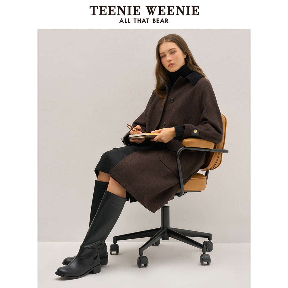 TeenieWeenie小熊冬装风衣式气质时髦澳毛混纺长款毛呢大衣外套女 - 图1
