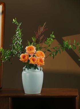 青澹汝窑双耳瓶景德镇花瓶摆件陶瓷天青色覆古瓷器客厅家居装饰品