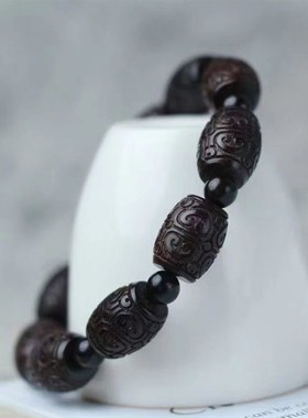 极速黑檀木佛h珠手链念珠雕刻祥云鼓珠单圈男女回纹珠手串文玩佛