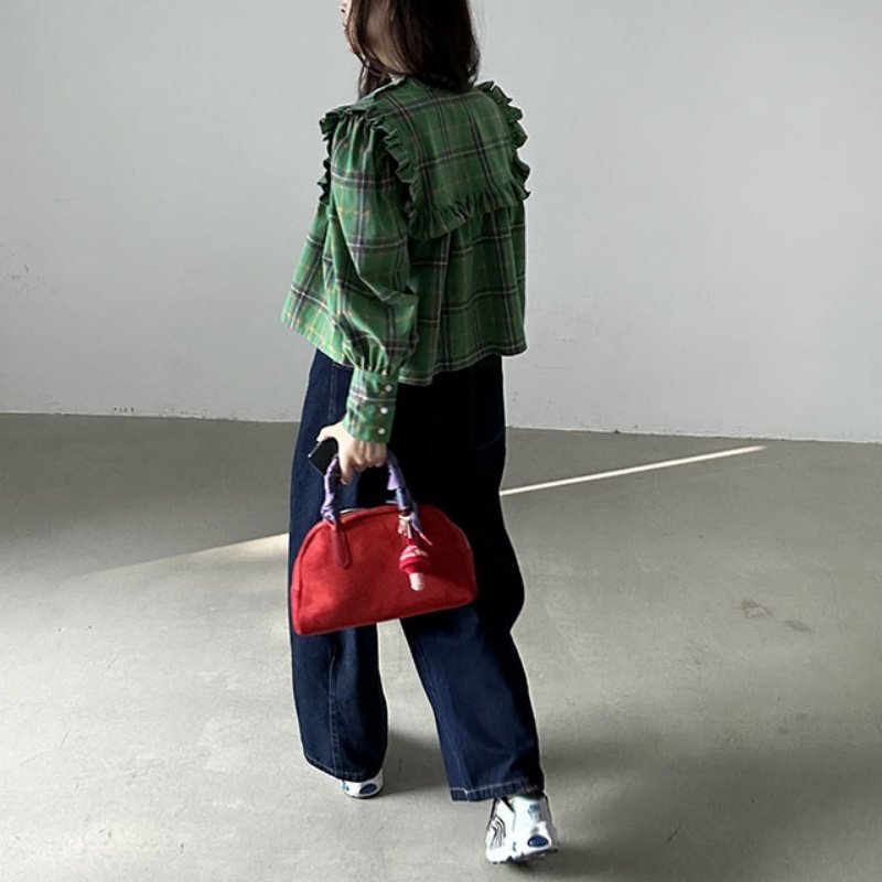 已出货 韩国chic复古荷叶边设计格纹休闲宽松长袖娃娃衫衬衫上衣,淘宝优惠券,粉丝福利购,淘宝优惠卷