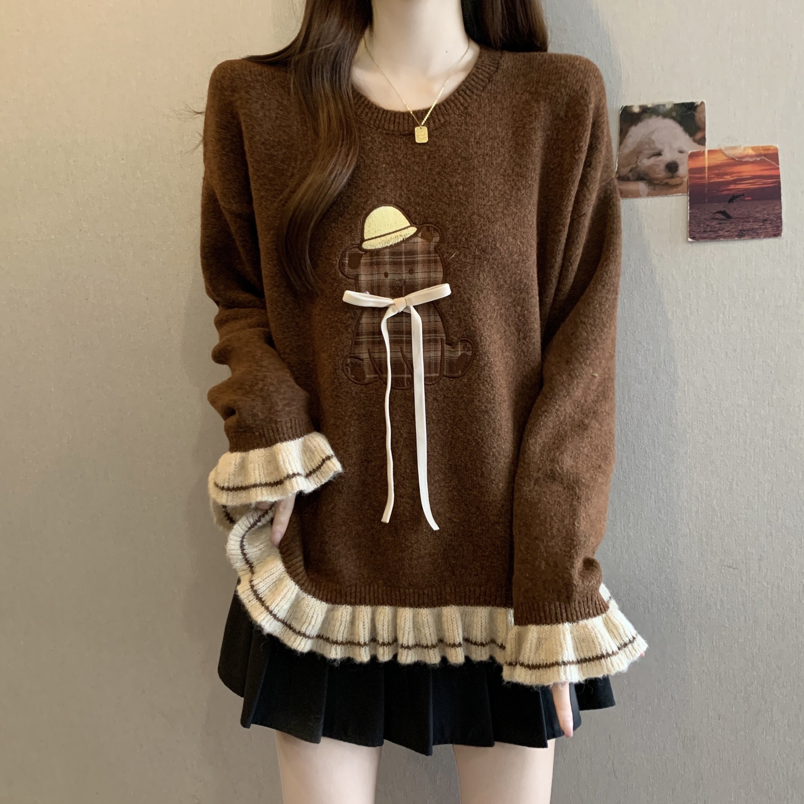 实拍~大码胖mm刺绣小熊图案毛衣棕色上衣秋冬新款显瘦遮肉针织衫,淘宝优惠券,粉丝福利购,淘宝优惠卷