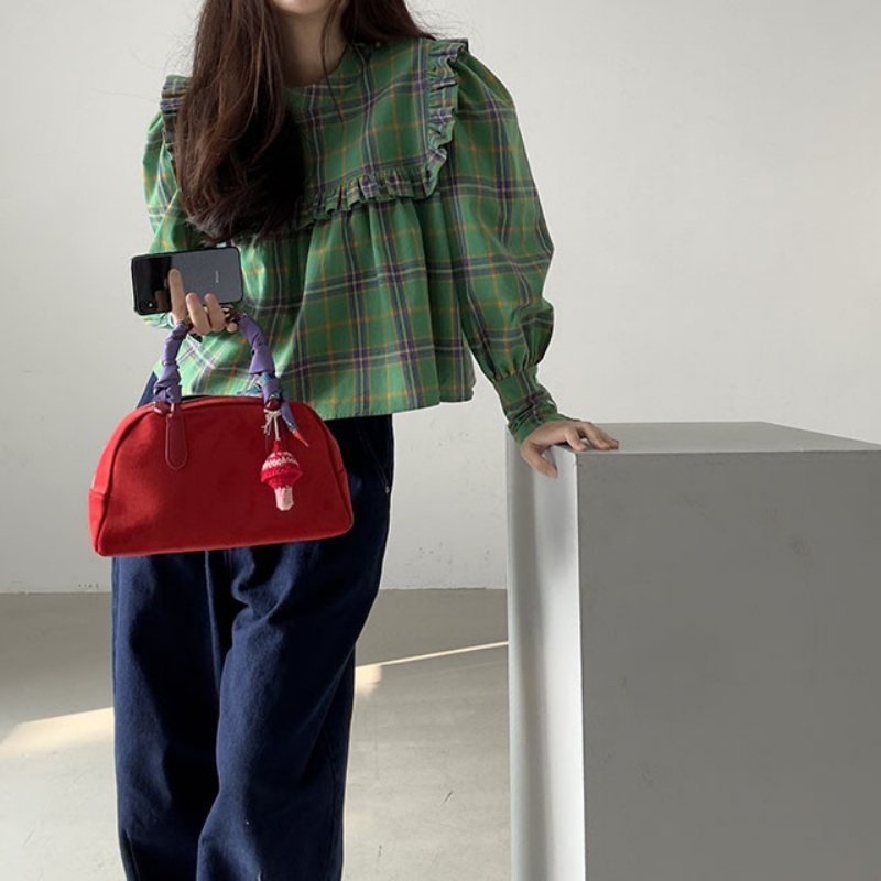 已出货 韩国chic复古荷叶边设计格纹休闲宽松长袖娃娃衫衬衫上衣,淘宝优惠券,粉丝福利购,淘宝优惠卷