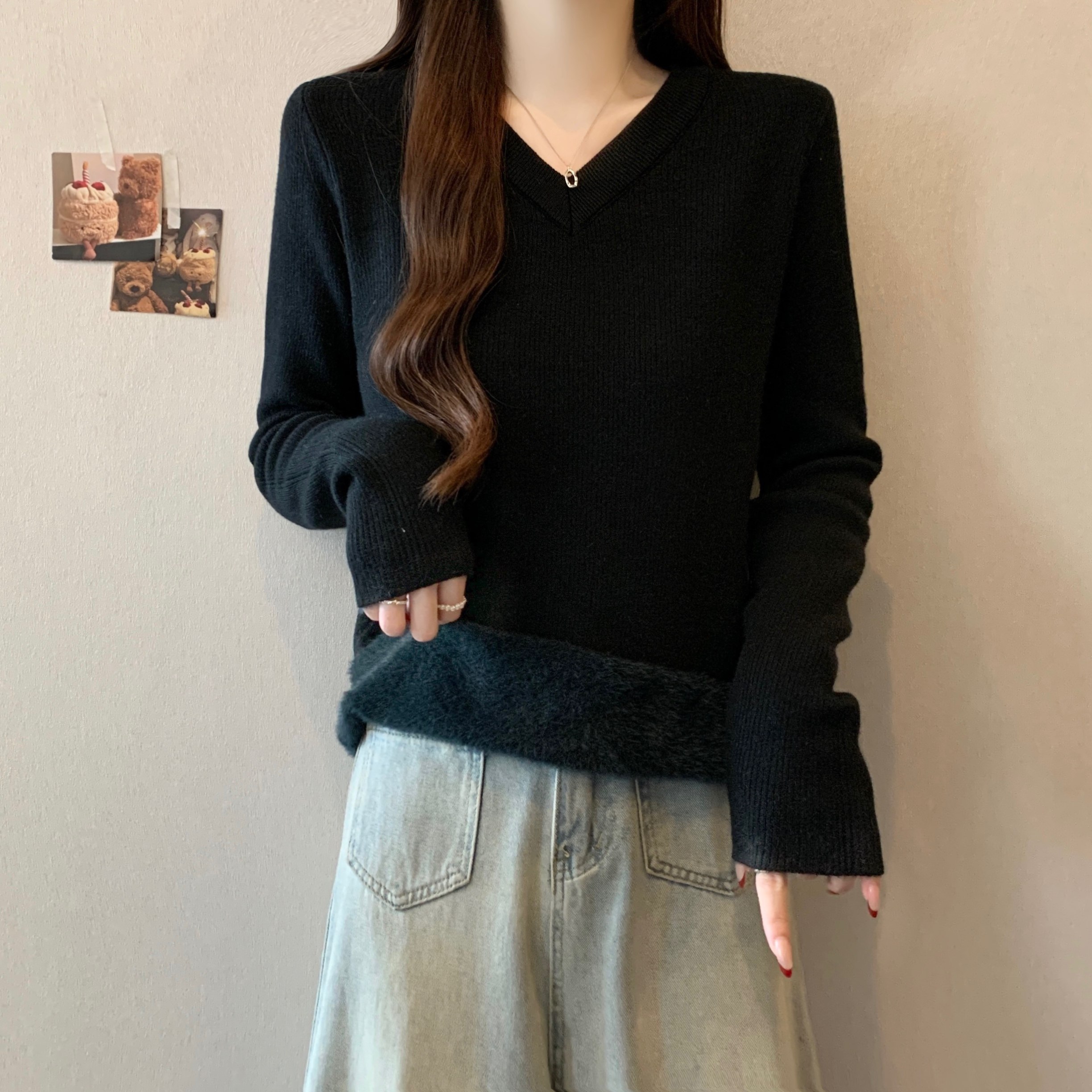 实拍实价~大码加绒加厚保暖内搭针织衫打底衫秋冬新款显瘦V领上衣,淘宝优惠券,粉丝福利购,淘宝优惠卷