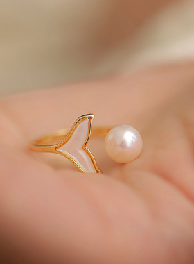 贝壳鱼尾天然淡水珍珠戒指女小众轻奢感时尚食指开口指环