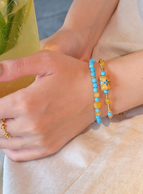 蜜蜡珐琅青瓷绿松石手链轻奢感手串女新中式小众串珠手饰