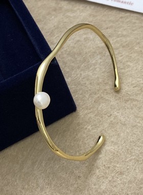 法式不规则椭圆馒头珍珠开口手镯女小众设计感真金电镀时尚手饰