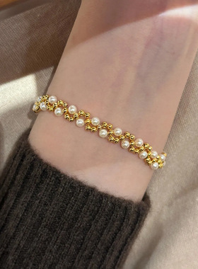 弹力绳金珠双拼黄虎眼石编织串珠手链轻奢感珍珠手串女士手饰