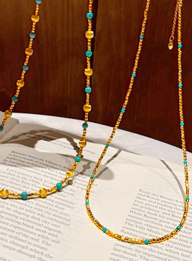 绿松石沙金猫眼球珠叠戴项链配饰女锁骨链轻奢感串珠颈链饰品