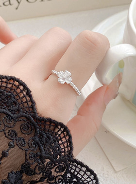 冷淡风锆石四叶草鳞片可调节开口指环戒指女小众高级感轻奢食指戒