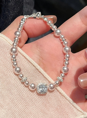 曼塔玫瑰色珍珠手链轻奢感方糖锆石手串女士串珠小众手饰