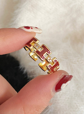 时尚简约安可拉红色h字母开口戒指女秋冬气质轻奢精致感指环