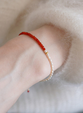 天然红玛瑙淡水珍珠手链轻奢感手串女小众米珠新中式串珠手饰