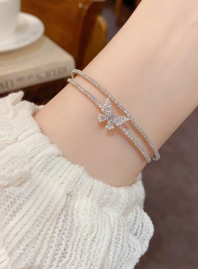 日韩时尚百搭微镶锆石蝴蝶双层开口手镯个性精致轻奢设计感手饰品