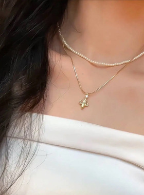 鸢尾花吊坠叠戴珍珠项链配饰女秋冬毛衣链轻奢感小众颈链饰品