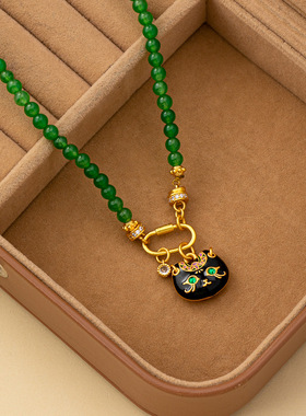 新中式古法罗盘蝴蝶珐琅猫咪吊坠项链天然石串珠气质百搭毛衣链