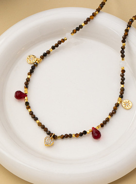 新中式国风虎眼石天然石串珠流苏项链复古设计感手工毛衣链