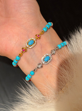 绿松石红玛瑙手链串珠轻奢感手串女生小众新中式花朵锆石手饰