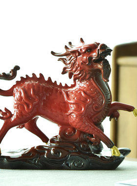 极速麒麟摆件一对中式家居办公室红色G陶瓷工艺品招财摆设店铺开