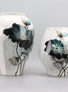 极速新中式插花花器手绘荷花莲藕陶瓷花瓶M桌面酒店茶几摆台售楼