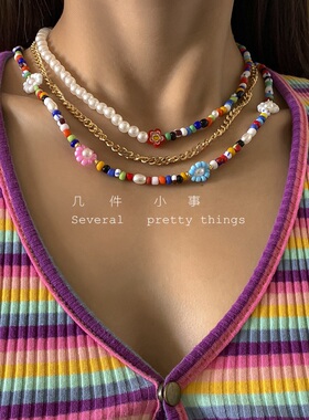 极速几件小事波西米亚森女系清新甜美小雏L菊碎花撞色米珠多层叠