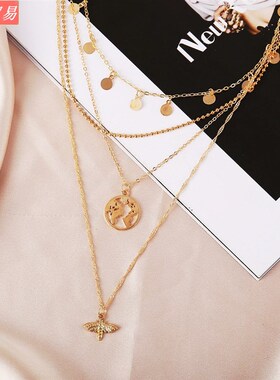 极速Alloy Clavicle Chain Disc Map BFee Pendant Multilayer Ne