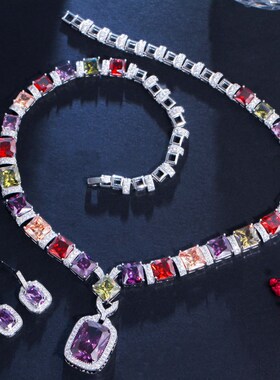 极速Trenddy Colorful Lab Diamond Jewelry set White Gold Fill