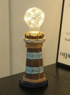 地中海风木质灯塔摆件创意复古桌面饰品发光家居摆件做旧送礼装饰