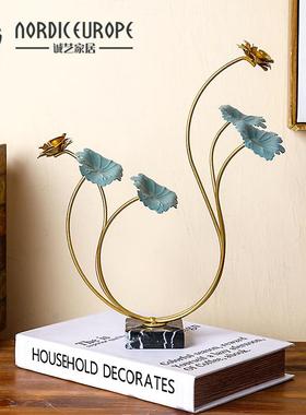 新中式铁艺荷花摆件高档艺术品莲花客厅玄关电视柜酒柜家居装饰品