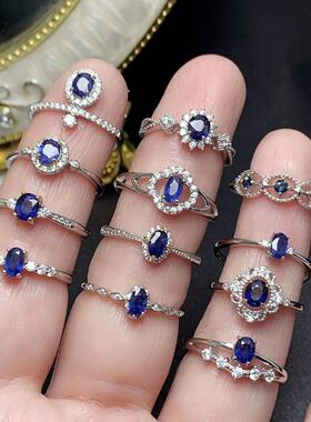 新款日本轻奢天然老烧蓝宝石戒指S925银镀白金气质复古订婚女戒