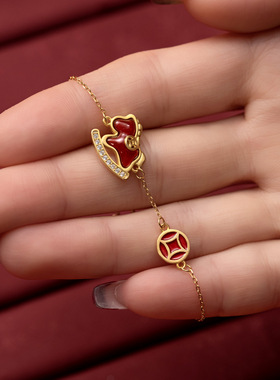 原创s925纯银古法金马上来财手链女 新中式马年本命年红玛瑙手饰