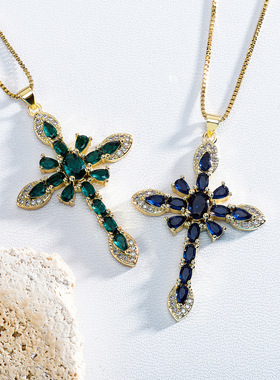 金澳轻奢多边形彩锆花心十字架项链微镶男潮锁骨链小众时尚新品