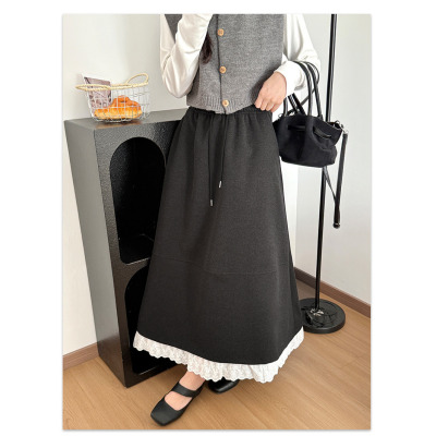 毛呢半身裙女秋冬新款高腰显瘦蕾丝花边大摆裙大码抽绳款a字裙xc