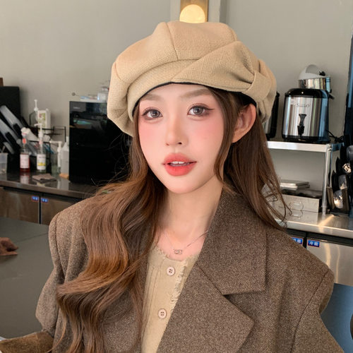 韩版贝雷帽子秋冬新款女蝴蝶结百搭八角帽小众人气质显脸小画家帽 - 图0