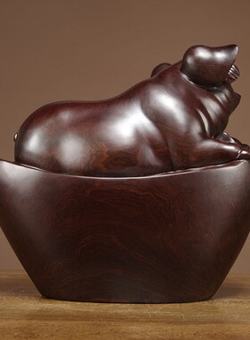 极速黑檀木雕福猪摆件实木动物十二生肖猪K家居客厅饰品开业送礼