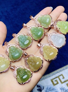 极速泓石斋 f天然和田玉佛公吊坠烟紫羊脂清水黄口碧玉藕粉墨玉男